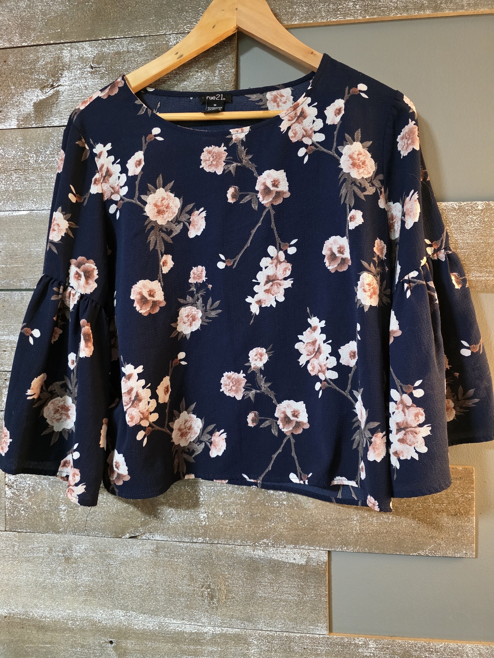 Rue21 Navy Floral Bell-Sleeve Blouse